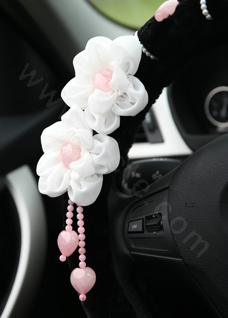 Princess Flower Powder Crystal Genuine Wool Auto Steering Wheel Covers 14 inch 36CM - Black